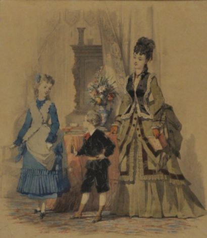 DAVID Jules (1808-1892) Mere et ses enfants dans un interieur Aquarelle et gouache,...
