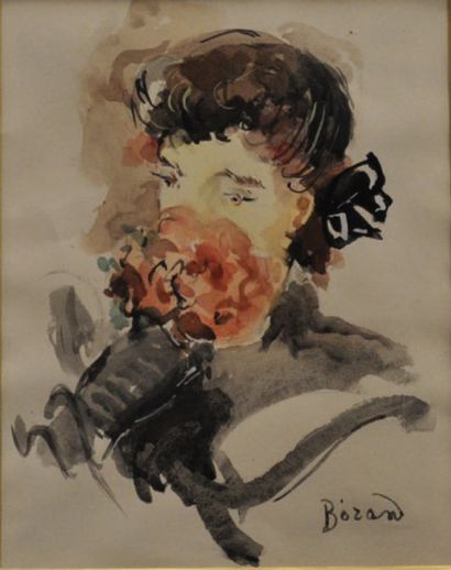 BERARD Christian (1902-1949) Portrait de jeune femme au bouquet de fleurs rouges...