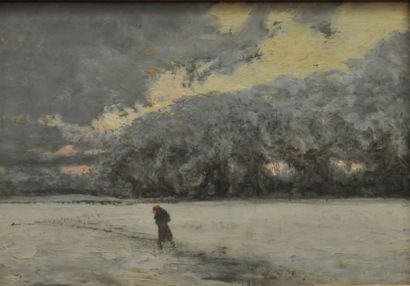 CHARRETON Victor (1864- 1936) Paysage sous la neige Huile sur panneau signee en bas...