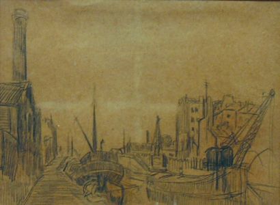 QUIZET Alphonse (1885-1955) Canal au bateaux-grues Crayon noir 16,5 x 22,5 cm (a...