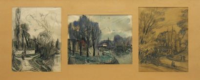 QUIZET Alphonse (1885-1955) Paysages Trois dessins et aquarelles non signes dans...