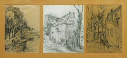 QUIZET Alphonse (1885-1955) Etudes de maison et bord de Seine Trois fusains non signes...