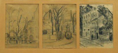 QUIZET Alphonse (1885-1955) Scenes de rues Trois fusains non signes dans un meme...