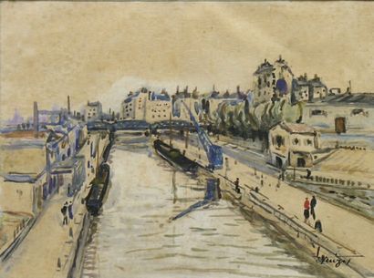 QUIZET Alphonse (1885-1955) Le canal a Paris Aquarelle signee en bas a droite 22,5...