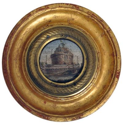 null MICROMOSAÏQUE ronde représentant le Château Saint-Ange, au premier plan le Tibre...