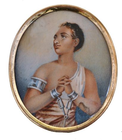 ÉCOLE ANGLAISE du XIXème siècle Portrait d'esclave enchaînée Miniature ovale sur...