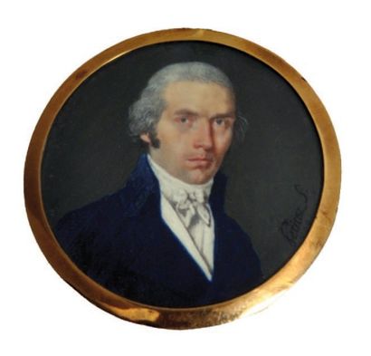 PETITOT (École du XIXème siècle) Portrait d'homme en redingote bleue et cravate blanche...