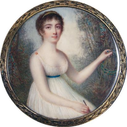 ÉCOLE FRANÇAISE, vers 1795 Portrait de jeune fille en robe blanche et ruban bleu...
