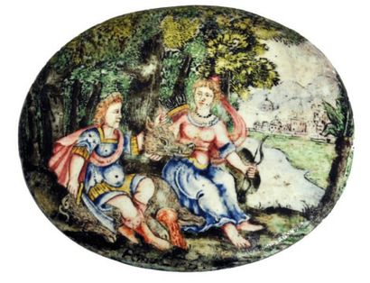 null MÉDAILLON ovale en émail polychrome représentant Diane et Actéon dans la forêt...