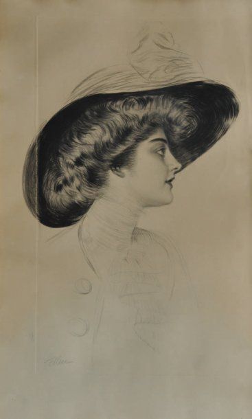 Paul Cesar HELLEU (1859-1927) Portrait d'elegante au chapeau Pointe seche, signee...