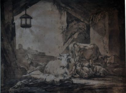 Ecole du XVIIIeme siecle Berger endormi et son troupeau dans une etable en ruine...