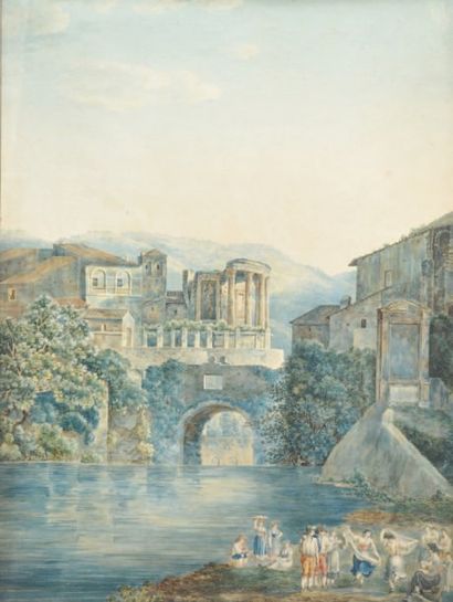 Ecole FRANCAISE vers 1780 Paysage romain anime Aquarelle 80 x 68 cm