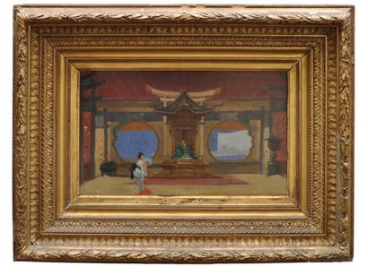 Ecole FRANCAISE vers 1860 Projet d'interieur chinois Huile sur toile. 26 x 46 cm
