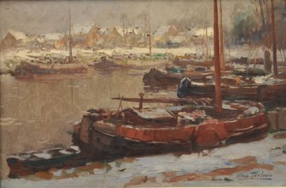 Kees TERLOUW (1890-1948) Bateaux amarres Huile sur toile, signee en bas a droite...