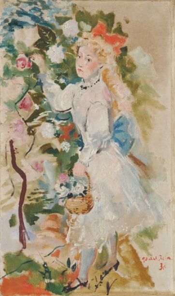Emilio GRAU SALA (1911-1975) Jeune femme cueillant des roses, 38 Huile sur toile,...