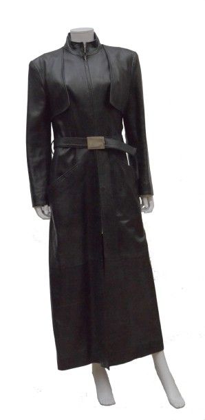 null THIERRY MUGLER:Manteau long en cuir noir zippé et ceinture, circa 1990-2000