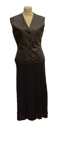 null HELMUT LANG: Robe longue sans manche en cuir noir et polyamide, circa 1990