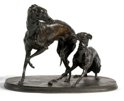 Pierre-Jules Mene (1810-1879) Deux levrettes jouant à la balle
Groupe en bronze à...