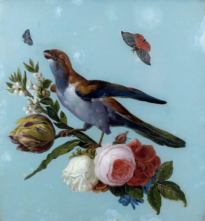 Ecole FRANÇAISE vers 1830 Deux oiseaux posés sur des bouquets fleuris, le fond bleu...