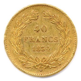 null LOUIS-PHILIPPE Ier 40 Francs or 1834 A = Paris. T.B