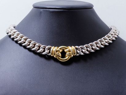 HERMES Collier en argent 800 millièmes, maille gourmette, centré d'un motif en or...