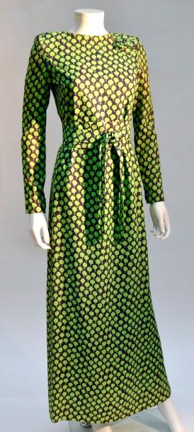 null Jean- Louis SCHERRER: robe longue en crêpe bleu-marine à petits motifs vert...