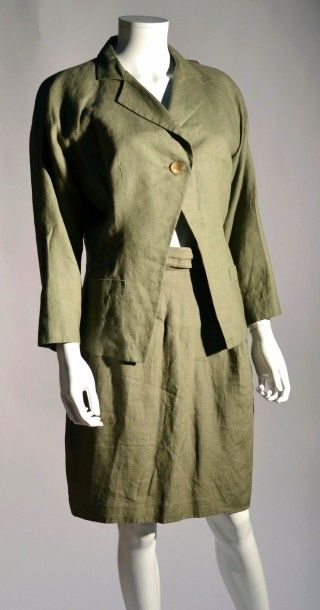 null YOHJI YAMAMOTO:Tailleur jupe en lin gris vert, taille S