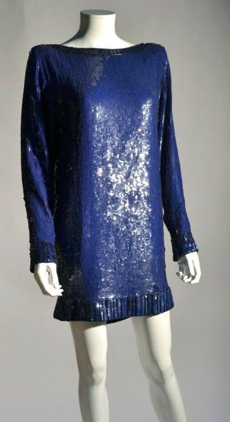 null SAINT LAURENT RIVE GAUCHE: Robe tunique entièrement pailletée bleue, taille...