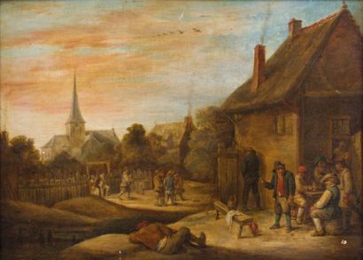 ÉCOLE FLAMANDE VERS 1700 Suiveur de David Teniers 
Paysans devant une auberge
Panneau...