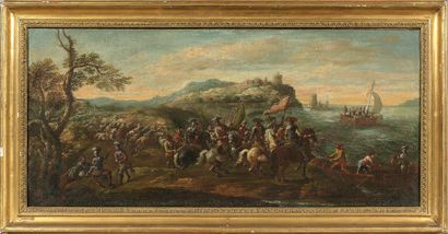 Ercole GRAZIANI (1651-1726) 
Soldats embarquant.
Paire de toiles.
35 x 75,8 cm
Restaurations...