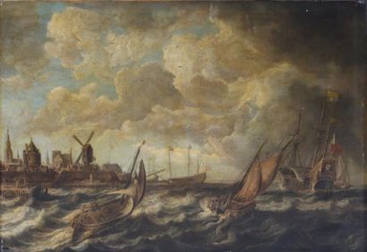 Attribué à Bonaventure PEETERS (1614 - 1652) 
Galion et barques sur une mer agitée...