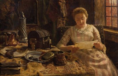 Evert PIETERS (1856-1932), attribué à 
Portrait de femme assise à la lecture
Huile...