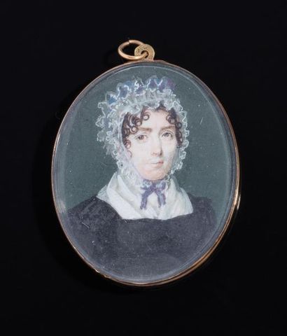 Ecole Française vers 1835 
Portrait de jeune femme au bonnet de dentelle Miniature...