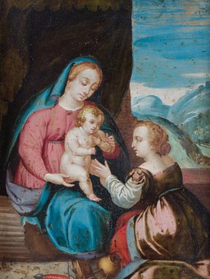 Ecole FLAMANDE du XVIIème siècle 
Vierge à l'Enfant avec sainte Marguerite
Cuivre...