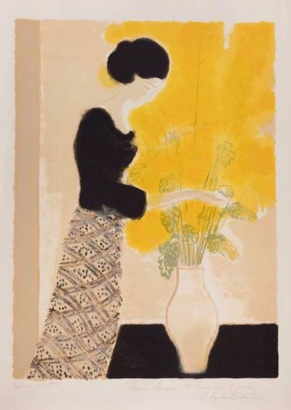 null André BRASILIER (Né en 1929) 

Femme au bouquet

Lithographie signée avec envoi...
