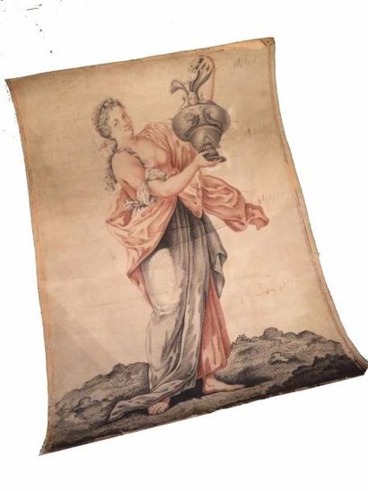 ÉCOLE FRANÇAISE du XVIIIe siècle (c. 1750) Femme au vase. Dessin aux crayons de couleurs;...