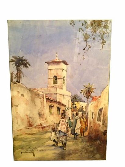 MERIAULT. Gorée (Sénégal) L'Église animée. Aquarelle originale, signée; 25 x 36 ...