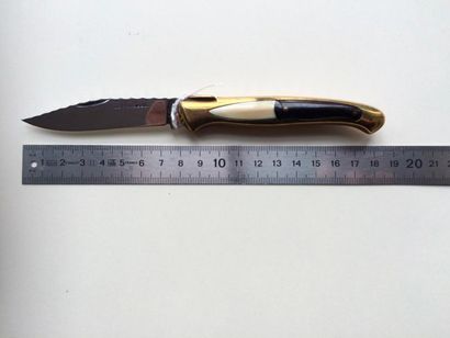 null Bellein Yves, Pliant, 10 cm, manche en laiton, ébène et ivoire, insert représentant...