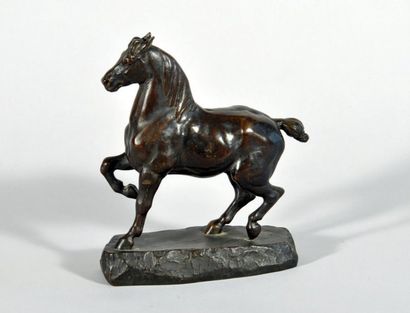 BARYE Antoine Louis (1796-1875) Cheval percheron Bronze à patine brun nuancé portant...