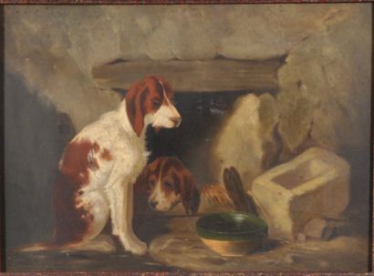 Ecole fin XIXème s. Deux chiens devant un bol Huile sur panneau. Au dos cachet «...
