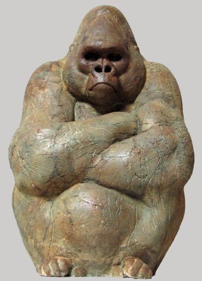 AUBRY Erick(né en 1956) Gorille assis Ciment patiné, signé et numéroté 2/8 H:62 cm,...
