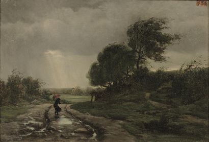 null TM041 - Adolphe GUILLON (1829-1896)
L'averse, 1863 (?) 
Huile sur toile signée...