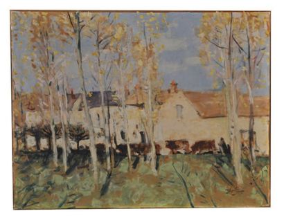MONTEZIN Pierre Eugène (1874-1946) Vaches à Misy Sur Yonne Huile sur papier contrecollé...