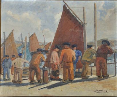 Jacques HERVE (né en 1905) Bretons sur le port Huile sur toile, signée en bas à droite...