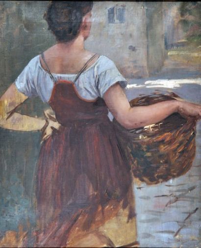 ECOLE FRANCAISE 19ème s. Femme italienne de dos avec panier Huile sur toile 55 x...