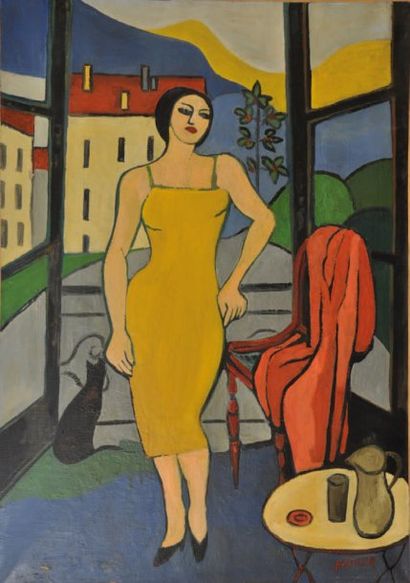 HAFNER Portrait de femme à la robe jaune Huile sur toile signée en bas à droite 92...
