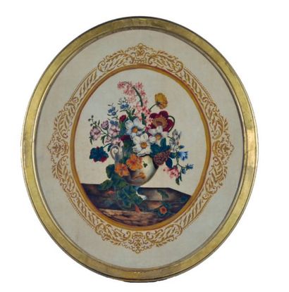null ECOLE FRANCAISE 19ème s. Bouquet de fleurs Peinture ovale sur velours 62 x 53...