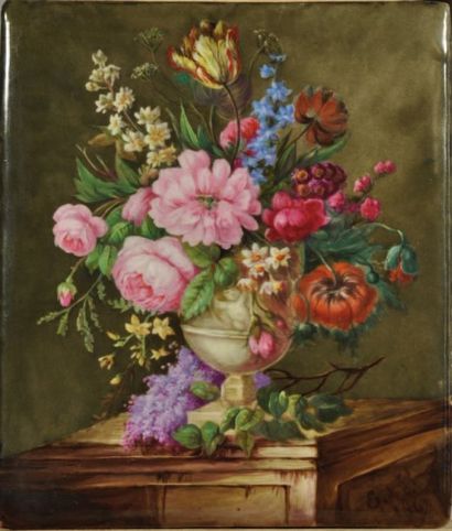 ECOLE FRANCAISE, 1867 Bouquet de fleurs sur un entablement Peinture sur porcelaine...