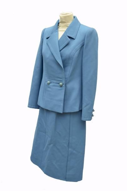 null MADELEINE de RAUCH: TAILLEUR JUPE en laine bleu "Tourmaline", Années 1950