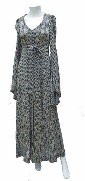null BIBA: Robe longue en maille à motifs noirs et argent, Années 1970